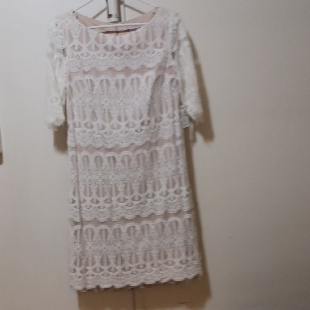 White Sheath Dress with Puff Sleeves and Bateau Neckline